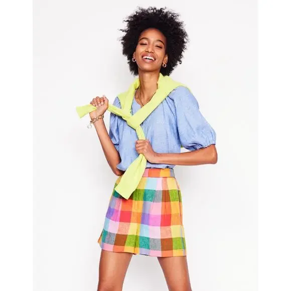Boden Dulwich Linen Shorts in Rainbow Multigingham 4” Shorts - Size 10
